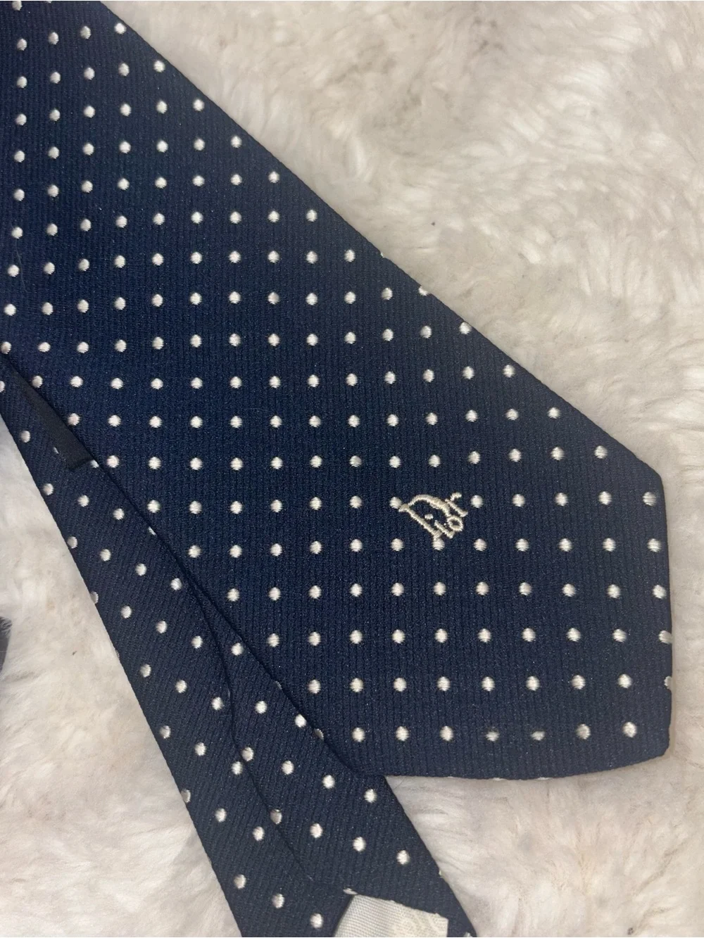 Dior Navy Blue Polka Dot Silk Tie